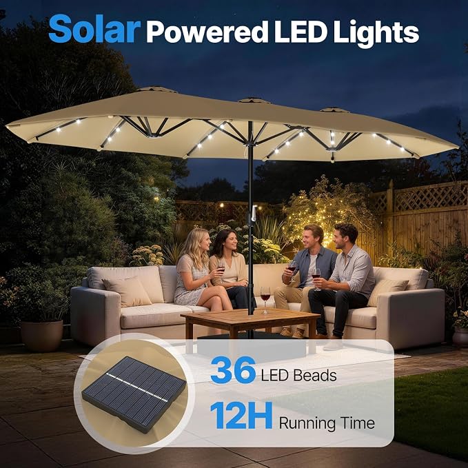 Suteck 15FT Patio Umbrella with Base & Solar Lights, Khaki | Double-Sided, Crank Handle, UV & Fade Resistant Canopy, Poolside, Backyard, Deck, Market