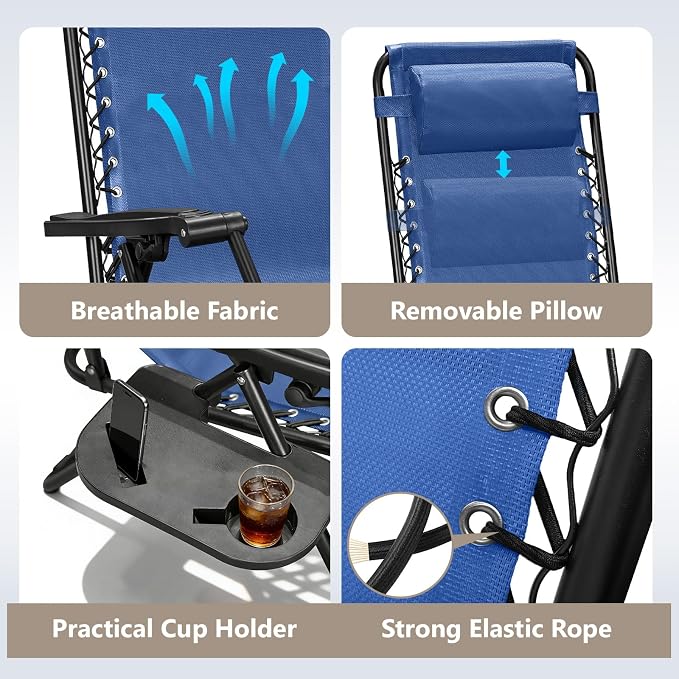 Zero Gravity Chairs Set of 2, Adjustable Lounge Chair Outdoor Recliner, Folding Reclining Lawn Chair, Anti Gravity Chair with Pillow & Cup Holder for Pool Camping Sunbathing Beach Patio