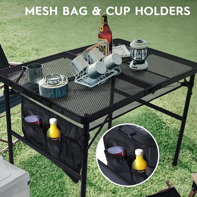 WildFinder Folding Grill Table, 3x2 FT Portable Camping Table, Foldable | 3 Adjustable Height Max 27.5" Grill Tables for Outside with Mesh Bag, Outdoor table for Camping, Picnic, BBQ, Beach, Patio