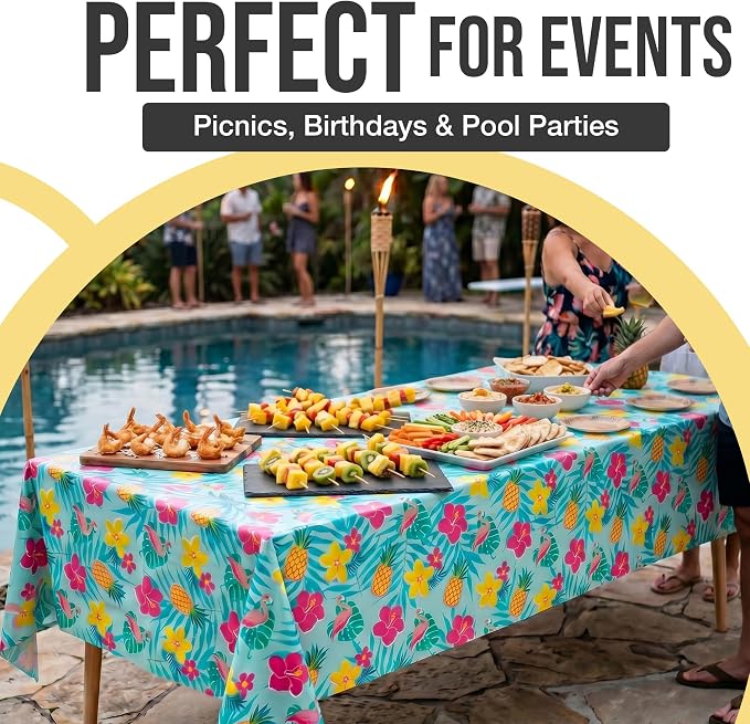 Exquisite 66% Thicker Summer Tablecloth 6 Pack - Luau Hawaiian Tropical Plastic Tablecloth Rectangle 54x108 Inch - Disposable Table Cover - Flamingo Pineapple Palm Leaf Beach Pool Tiki Aloha Party