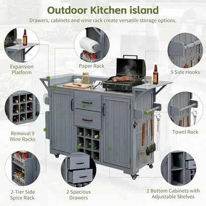 60.2''W Outdoor Kitchen Island with Wheels, Solid Fir Wood Kitchen Cart Grill Cart with Stainless Steel Top, Spice Rack, Wine Rack, 2 Bottom Cabinets with Adjustable Shelves, 2 Drawers (Gray-117)