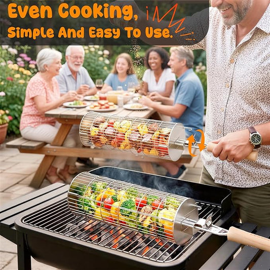 TNTOR Rolling Grill Basket, Larger 304 Stainless Steel Nesting Grilling Net, Removable Handle, BBQ Accessories Tools for Veg Shrimp, Outdoor Cooking Camping Father's Day grilling gifts for men Dad