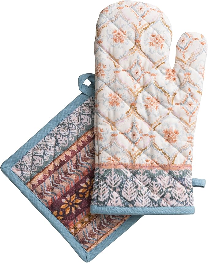 Maison d' Hermine 100% Cotton Oven Mitt & Pot Holder Set (7.5"x13" & 8"x8") | Heat Resistant BBQ Cooking Gloves with Loop Baking Grilling Kitchen Hotel Home Farmhouse Thanksgiving Christmas - Fair Isle