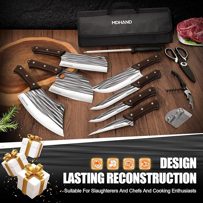 MDHAND Butcher Knife Set, 14PCS Hand Forged Serbian Chef Knife Set with Roll Bag, Heavy Duty Meat Cleaver Knives, Boning Knife, Meat Cutting Knife for Home Kitchen & Camping BBQ, Gifts for Men Women