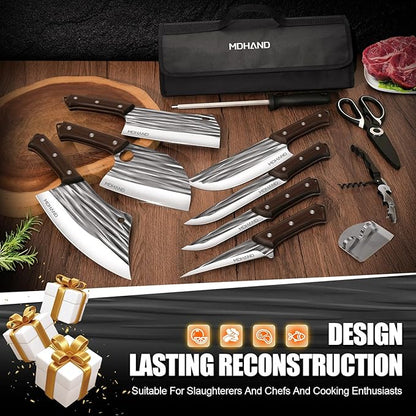 MDHAND Butcher Knife Set, 14PCS Hand Forged Serbian Chef Knife Set with Roll Bag, Heavy Duty Meat Cleaver Knives, Boning Knife, Meat Cutting Knife for Home Kitchen & Camping BBQ, Gifts for Men Women