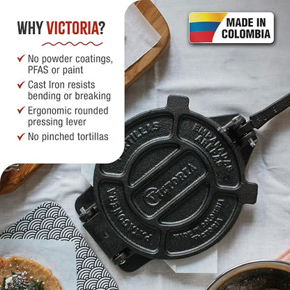 Victoria 8 Inches Cast Iron Tortilla Press, Roti Maker and Tortilladora, Pataconera Seasoned with Flaxseed Oil, Made in Colombia, Traditional Style, Black