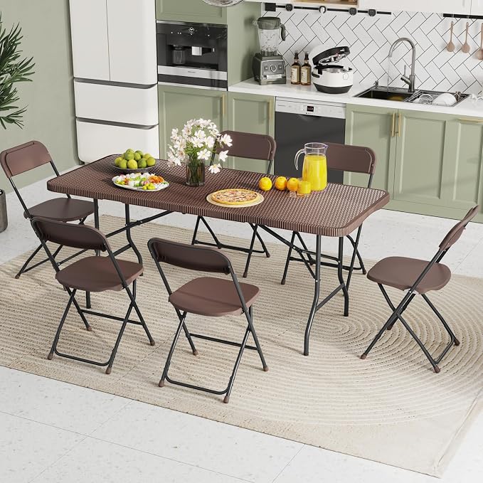 Goplus 6ft Plastic Folding Table, 350 LBS Outdoor Heavy Duty Folding Tables with Rattan-Like HDPE Tabletop, Handle, Lock, Foldable Rectangle Portable Utility Card Table for Picnic, Camping, Dining