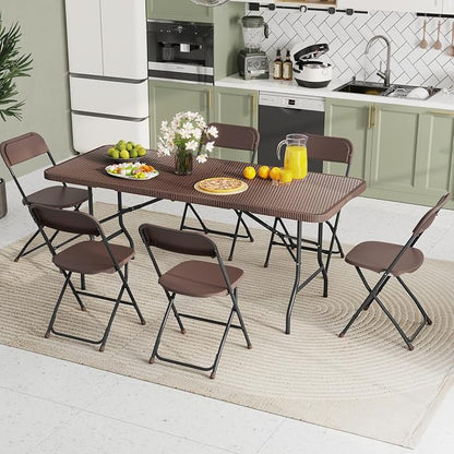Goplus 6ft Plastic Folding Table, 350 LBS Outdoor Heavy Duty Folding Tables with Rattan-Like HDPE Tabletop, Handle, Lock, Foldable Rectangle Portable Utility Card Table for Picnic, Camping, Dining