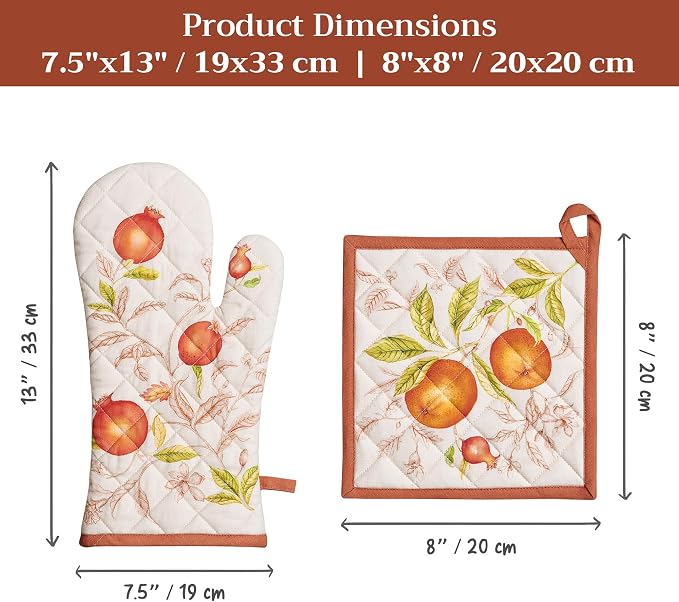Maison d' Hermine 100% Cotton Oven Mitt & Pot Holder Set (7.5"x13" & 8"x8") | Heat Resistant BBQ Cooking Gloves with Loop Baking Grilling Kitchen Home Farmhouse Thanksgiving Christmas - Vintage Harvest