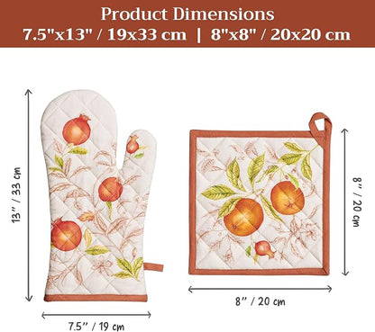 Maison d' Hermine 100% Cotton Oven Mitt & Pot Holder Set (7.5"x13" & 8"x8") | Heat Resistant BBQ Cooking Gloves with Loop Baking Grilling Kitchen Home Farmhouse Thanksgiving Christmas - Vintage Harvest