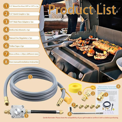 Propane to Natural Gas Conversion Kit for Grill Compatible with weber genesis, genesis II, spirit and spirit II etc,10FT 1/2" Natural Gas Conversion Kit with Regulator for weber Grills