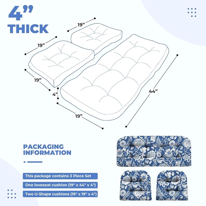 DANGHOOGY Wicker Chair Cushions, Waterproof Outdoor Loveseat Cushions for Patio Furniture, Tufted Wicker Furniture Cushions, 1 Loveseat and 2 U-Shaped Cushions (Blue Rose)