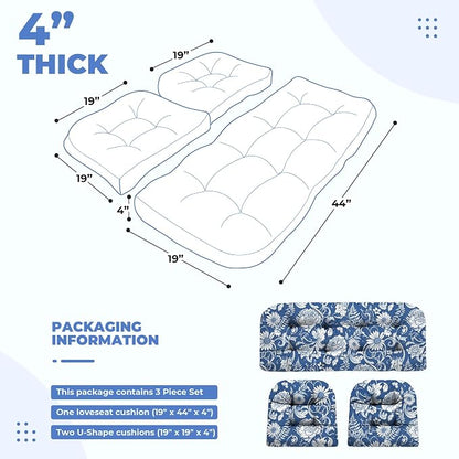 DANGHOOGY Wicker Chair Cushions, Waterproof Outdoor Loveseat Cushions for Patio Furniture, Tufted Wicker Furniture Cushions, 1 Loveseat and 2 U-Shaped Cushions (Blue Rose)