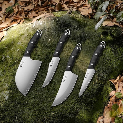 FINTISO Hand Forged Viking Knife Set, 4 PCS Kitchen Knives with Butcher Knife, Serbian Chef Knife & 2 Boning Knives, 5-Layer High Carbon Steel, Full Tang G10 Handle for Kitchen, BBQ & Camping