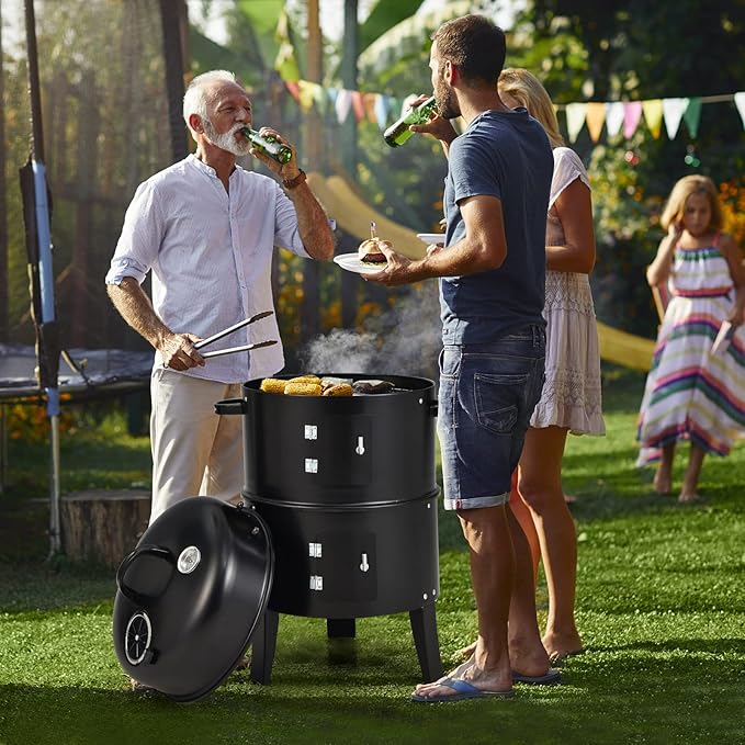 Giantex 3-in-1 Outdoor Smoker Grill, Portable Charcoal BBQ Grill, Built-in Thermometer and Air Vent, 6 Hooks, 2 Layers Vertical Steel Charcoal Smoker for Outdoor Cooking Camping