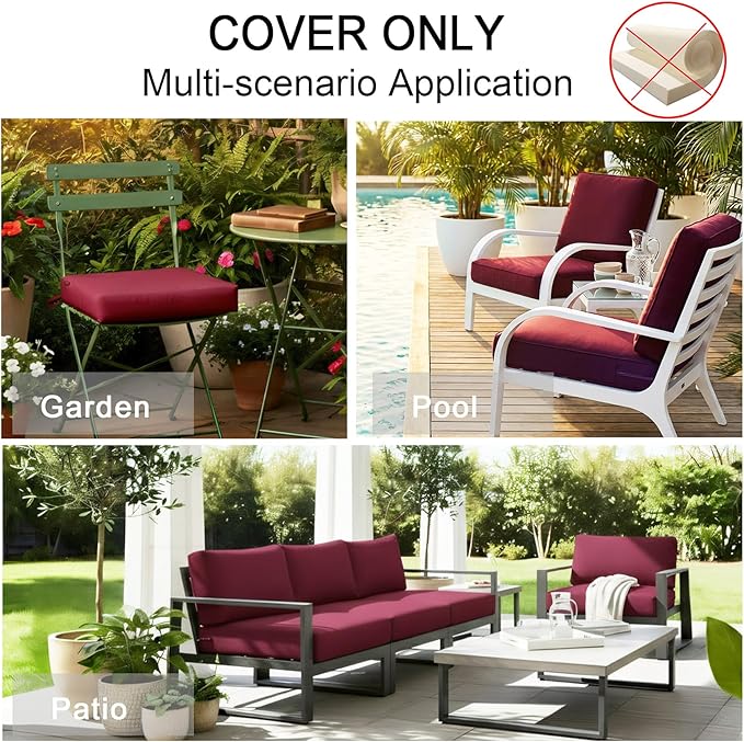 NettyPro Outdoor Cushion Covers Replacement Set 4 Water Repellent UV Resistant Patio Chair Seat Cushion Slipcover with Zipper and Tie, 22 x 20 x 4 Inch, Burgundy