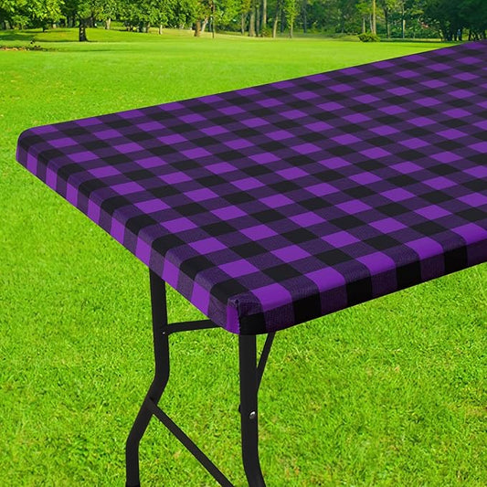 Smiry Rectangle Picnic Table Cloth, Elastic Waterproof Fitted Vinyl Tablecloths, Flannel Backed Buffalo Plaid Table Covers for Dining, Camping, Outdoor (Black and Purple, 30" x 48")