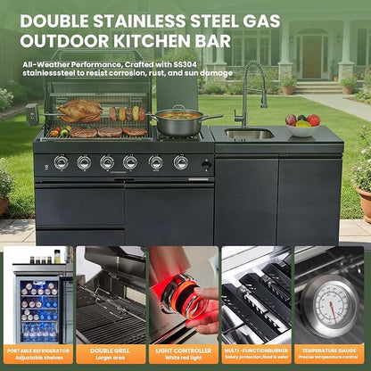 79" Rolling Outdoor Kitchen Island with Built-In 4-Burner 72,000 BTU Stainless Steel Propane Grill & Rotisserie Oven, Featuring Granite Countertops and Stainless Steel Sink.(Black + Sink, Propane Gas)