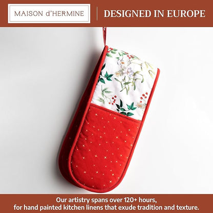 Maison d' Hermine Double Oven Mitt (7" x 35") 100% Cotton Heat Resistant BBQ Cooking Gloves with Loop for Thanksgiving Christmas Decorations Baking Cooking Barbeque Handling Hot Pan (Noel)