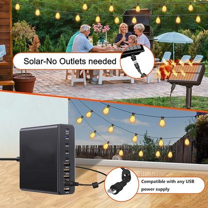 BLIATLUS 50FT Solar String Lights Outdoor Remote 17 Shatterproof LED Bulbs | Waterproof Remote Control Solar Lights Porch Garden Market Bistro Patio Backyard Fence