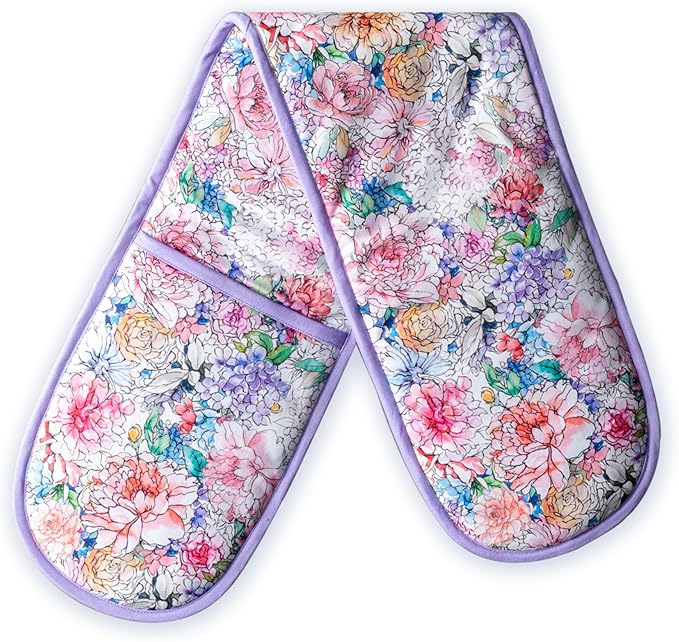 Maison d' Hermine Double Oven Mitts 100% Cotton 7"x35" Double Oven Mitt Heat Resistant BBQ Cooking Gloves with Loop Baking Grilling Kitchen Hotel Home Farmhouse Spring Summer (Floral Love)