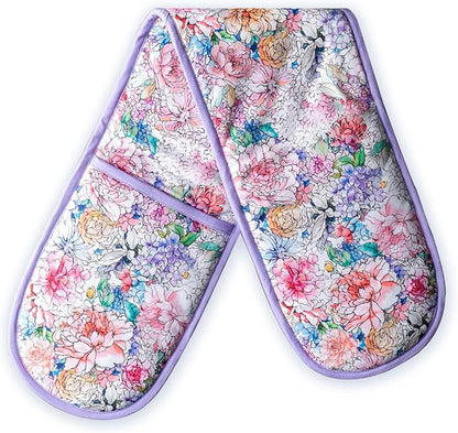 Maison d' Hermine Double Oven Mitts 100% Cotton 7"x35" Double Oven Mitt Heat Resistant BBQ Cooking Gloves with Loop Baking Grilling Kitchen Hotel Home Farmhouse Spring Summer (Floral Love)