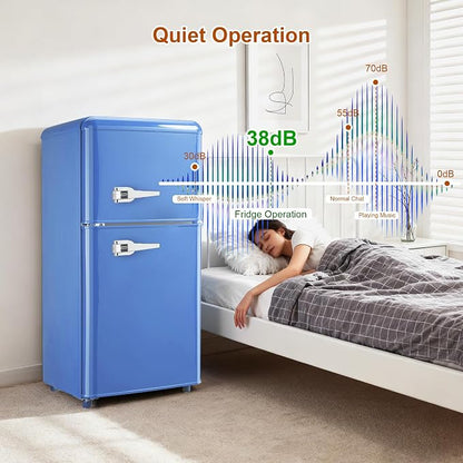 Retro Mini Fridge with Freezer 3.5 Cu. Ft, Small Refrigerator with 7 Level Adjustable Thermostat, Compact Classic Dual Door Fridge Removable Glass Shelves for Apartments, Dorm, Office, Blue