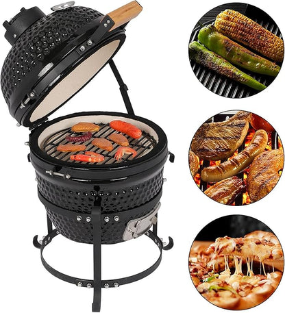 HomVent 13 inch Kamado Grill, Multifunctional Ceramic Barbecue Grill, Portable BBQ Grill Charcoal Outdoor Smoker Grill for BBQ, Camping and Picnic (Black)