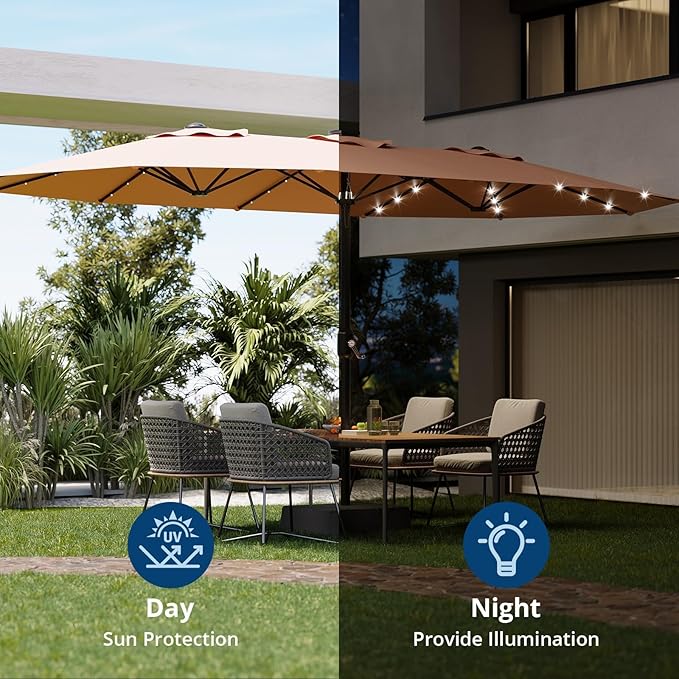 15FT Outdoor Patio Umbrella,Double-Sided Rectangle Market Umbrella with 36 LED Solar Lights & Base,UV50+ Weather-Resistant Oversized Outdoor Umbrella,Crank Lift,3-Way Shade for Pool,Garden,Backyard