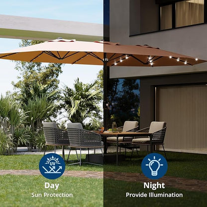 15FT Outdoor Patio Umbrella,Double-Sided Rectangle Market Umbrella with 36 LED Solar Lights & Base,UV50+ Weather-Resistant Oversized Outdoor Umbrella,Crank Lift,3-Way Shade for Pool,Garden,Backyard