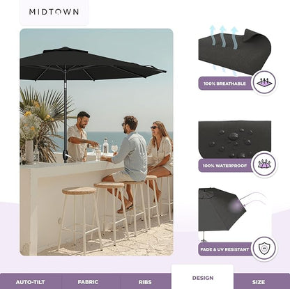 Midtown Umbrellas – The Lean 10 Ft Patio Umbrella with 10-Year-No-Fade Acrylast Acrylic Fabric, Auto-Tilt and 8 Reinforced Ribs for Deck, Pool, Garden, Hotel & Cafes – Eclipse Canopy, Black Pole