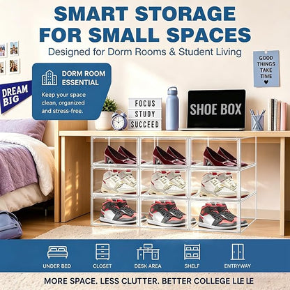 Low Profile Clear Shoe Storage Box for Flats,Loafers &Small Spaces | Space-saving 7.6-inch height fits under shelves &cabinets.Ideal for flats,loafers,slip-ons&compact living.1 Pack Fit Size 12