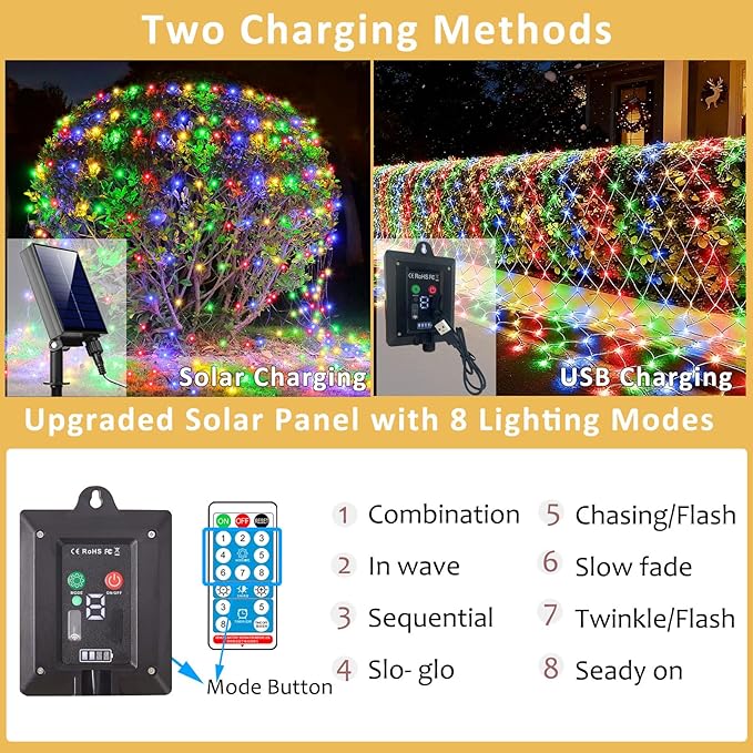 Lovelite 11.5ft x 5ft Solar Net Lights Outdoor, 240LED Christmas Mesh Lights Solar & USB Powered, Waterproof String Lights 8 Modes Green Wire for Bushes Patio Garden Holiday Party Decor (Multicolor)