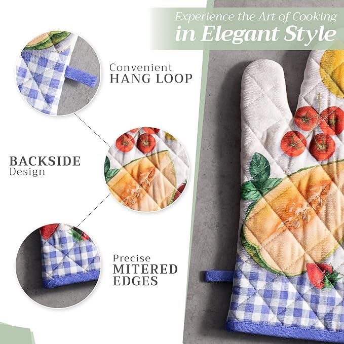 Maison d'Hermine Oven Gloves 100% Cotton Oven Mitt 7" x 13" with Loop Heat Resistant BBQ Cooking Gloves Baking Grilling Kitchen Hotel Home Farmhouse Spring Summer (Pack of 1, Gourmand)