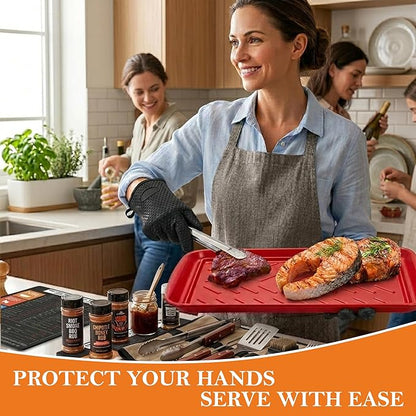 FIRE RIOT Grilling Prep & Serve Trays Set, BBQ Trays for Marinating Raw & Cooked Food with Heat Resistant Silicone Gloves & Meat Smoking Guide, Dishwasher Safe