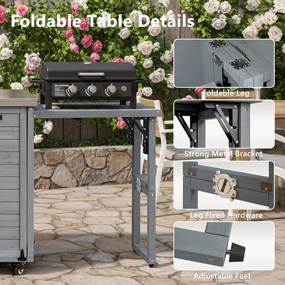 JIVOIT 78.3" Outdoor Kitchen Island with Foldable Table, Wooden Outdoor Grill Cart with Trash Can Storage & Stainless Steel Top, Adjustable Shelf, Spice Rack, Modular Towel, Paper Rack