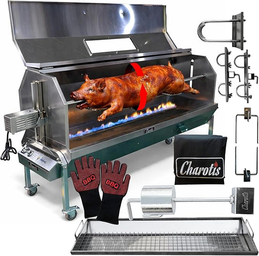 52 Inch Propane Rotisserie Spit Roaster for Whole Pig, Lamb, Goat, Stainless Steel BBQ Grill with Hood, 50W Motor 200 lb Torque, 4 RPM, Thermometer, Grates, Drip Pan & Accessories - SSG1