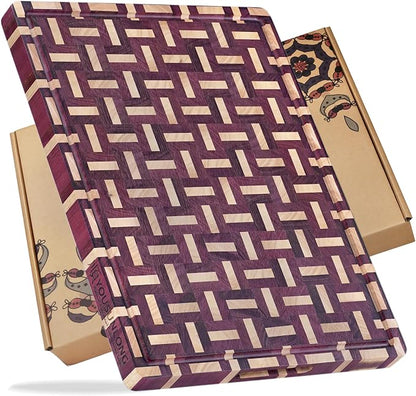 YOUSUNLONG Extra Large Cutting Board End Grain Purple Heart Wood - Thickened-Heavy Duty Butcher Block 24"L x 18"W x 1.5"Th w/Juice Groove and Handle - Serving Tray for Meat & Cheese,Brisket Board