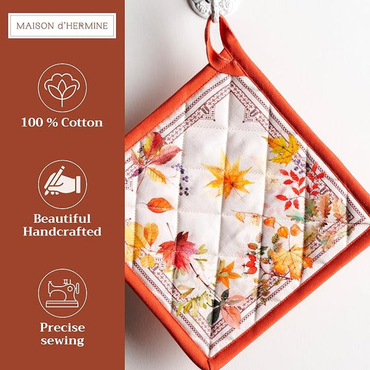 Maison d' Hermine Pot Holders 100% Cotton Potholders (8" x 8", Pack of 2) | Heat Resistant Hot Pads with Loop BBQ Cooking Baking Hotel Kitchen Handling Hot Pans Thanksgiving Christmas - Amarante