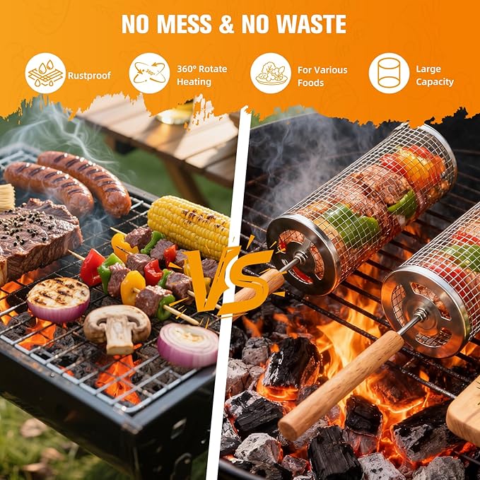 Rolling Grill Basket,7-Piece BBQ Set,Stainless Steel Grilling Basket with Lid and Removable Wooden Handle, BBQ Grill Accessories for Vegetables, Shrimp, Meat ,Outdoor Cooking Perfect Gifts for Men Dad Husband
