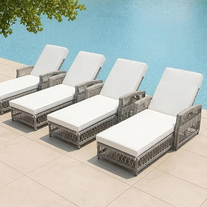 Merax Outdoor Rattan Chaise Lounge Set of 4, All-Weather Patio Recliners with 4-Position Adjustable Backrests, Armrests, and Removable Cushions for Poolside & Garden, Beige