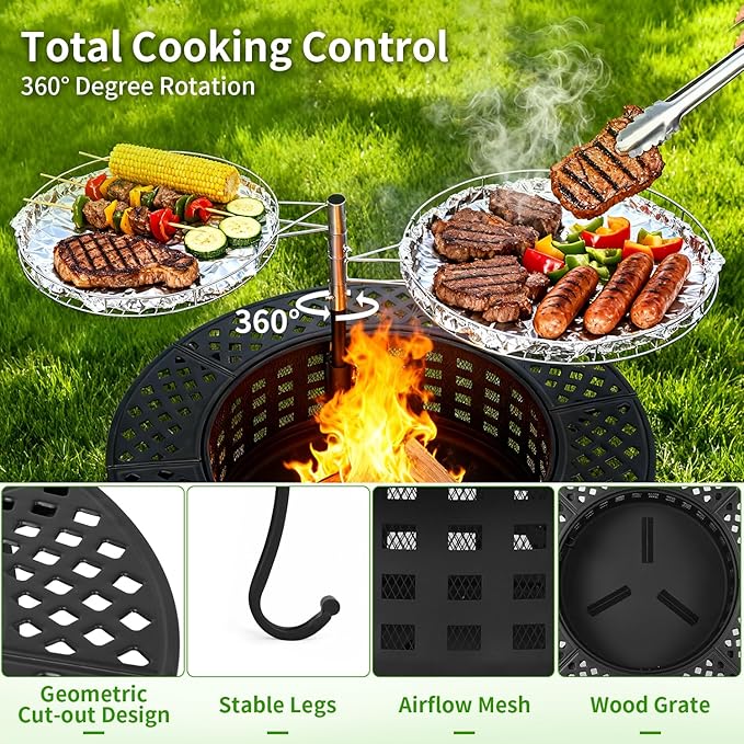 FDW 36 Inch Fire Pit with 2 Adjustable Grills,Wood Burning Fire Pits for Outside with Lid & Fire Poker, BBQ& Outdoor Firepit & Round Metal Table 3 in 1 for Patio, Picnic, Party
