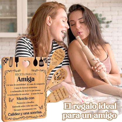 Regalos de cumpleaños para Amiga - "Receta para una Amiga especial". Juego de tablas de cortar y utensilios de bambú grabados. Regalos de cumpleaños para Amiga. Spanish Friend Cutting Board