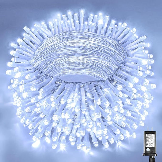 100ft White Christmas Lights Outdoor 300 LED String Lights Indoor Clear Wire Waterproof, 8 Modes Connectable Twinkle Fairy String Lights Plug in for Outside Room Bedroom Party Wedding Decorations