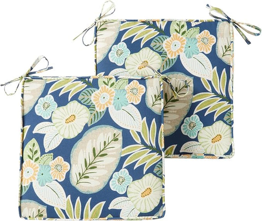 Outdoor 18 inch Square Patio Dining Chair Pads – Comfortable Fiber-Filled Seat Cushions with Ties, Reversible Polyester Fabric - Marlow Blue Floral, Set of 2