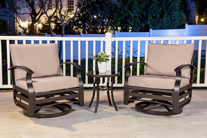 ALAULM 3 Piece Aluminum Outdoor Swivel Armchairs High Back Metal Swivel Rocking Chairs with 5.1" Sponge Cushions &1 Coffee Table for Patio, Porch, Backyards, Garden(Sand)
