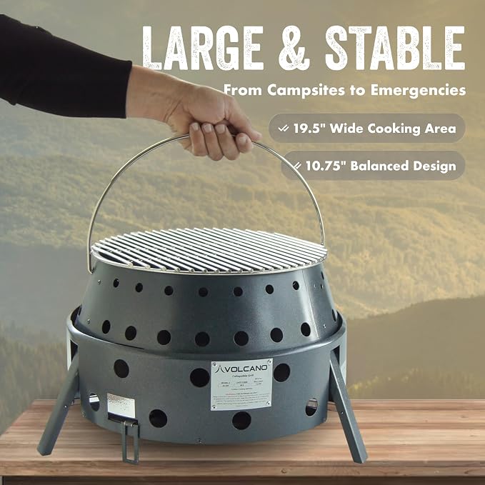 Volcano Tri-Fuel Collapsible Portable Grill & Stove with Lid–Propane, Charcoal &Wood, 19,500 BTU Burner,Heat-Safe Footprint,13"Cooking Surface, Carry Bag for Camping, Tailgating&Emergency Preparedness