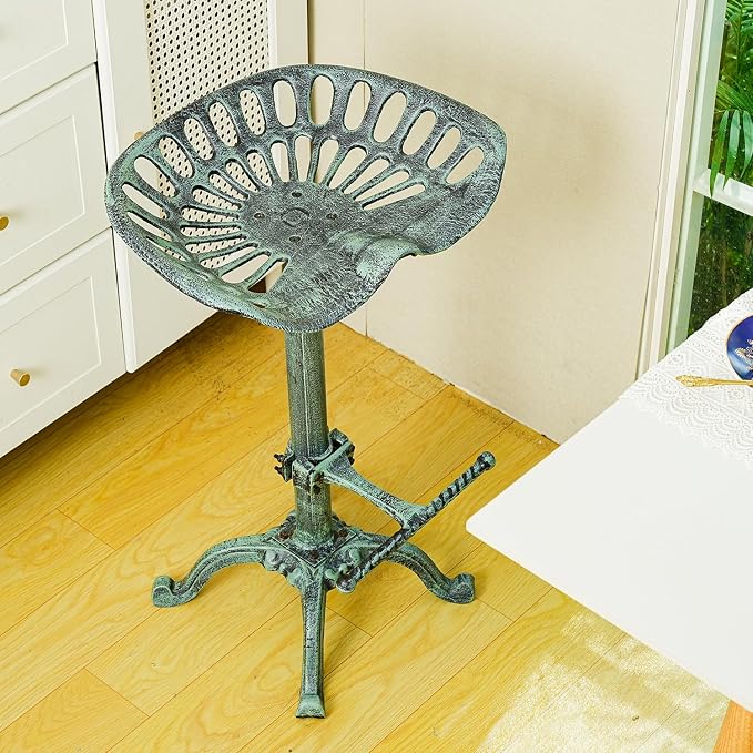 Sungmor 26-32 Inch Adjustable Cast Iron Swivel Bar Stool - Antique Green | Vintage Industrial Barstool with Ergonomic Seat & Footrest for Home Bar Bistro Counter Height Dining Decor Accent