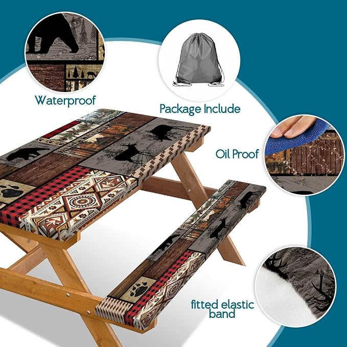 Picnic Table Cover with Bench Covers Elastic Edges, Rustic Cabin Bear Deer Print Table Cover, Waterproof Windproof Fitted, for Outdoor Camping Picnic Patio Garden , Drawstring Bag, 72 Inch 3PCS