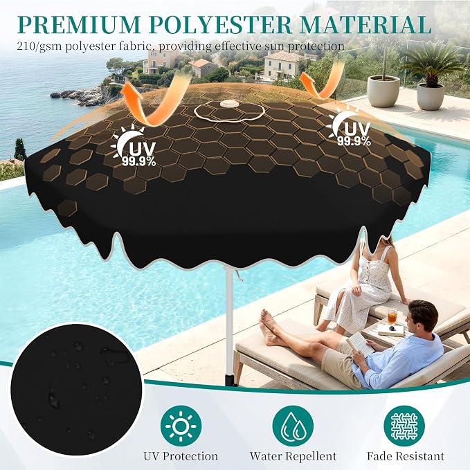 AreShark 9FT Outdoor Patio Umbrella with Wavy Trim (Black) | Market Table Umbrellas w/ 6 Sturdy Ribs, Crank & Tilt, White Pole, Pool Umbrella with UV-Fade Resistant Fabric, Heavy Frame